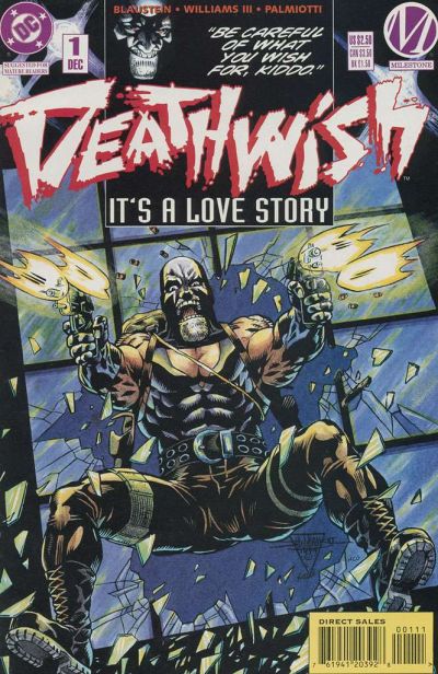 Deathwish is bursting through a window, guns blazing away in both hands. He is wearing a skull mask, body armour that leaves his arms bear, black trousers and combat boots